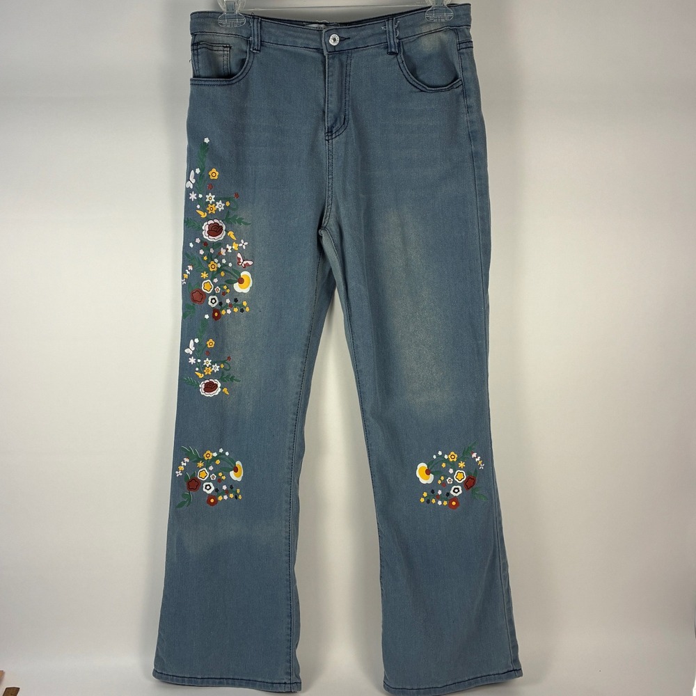 Misslook Floral Embroidered Light Wash Jeans Womens Sz 12 High Rise Blue Denim